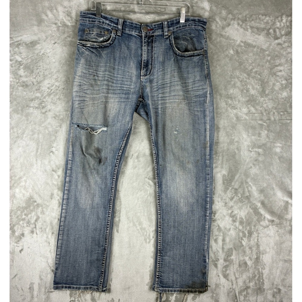 Flypaper‎ Mens Straight Leg Distressed Blue Jeans Embroidered 36x30 Light Wash